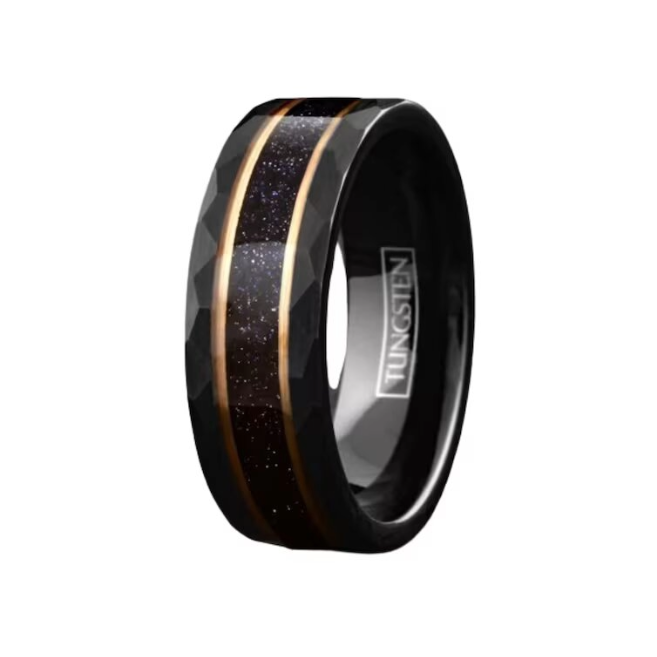 Personalized Black Rose Gold Blue Sandstone Men's Wedding Band Handmade Rose Gold Jewelry Black Wedding Band for Him Unique Ring Design